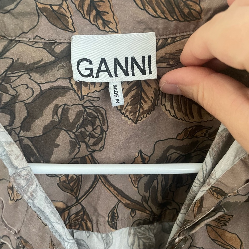 Ganni Oversized Poplin Maxi Shirt Dress EU 34 Cotton Brown Botanical Print - Picture 5 of 16